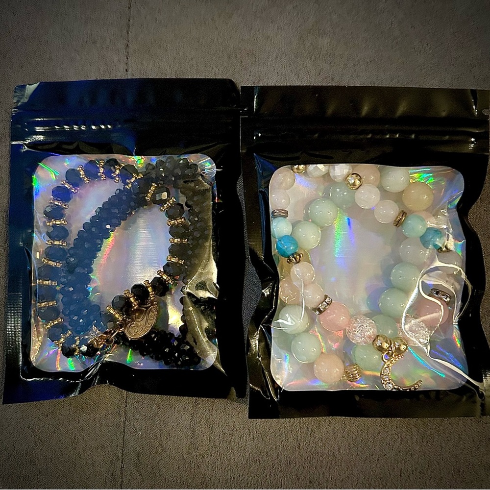 2 New sets of Duo Gemstone Beaded Adjustable Bracelets-Black/gold and Pastels